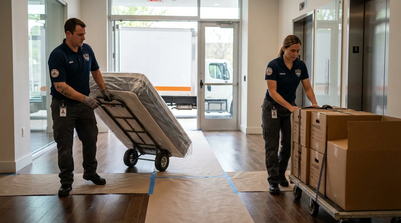 Professional apartment movers loading elevator in Douglas, MA