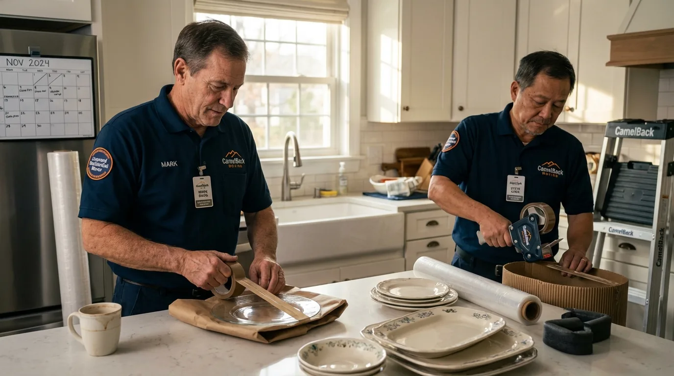 Professional crew packing kitchen dishware in Douglas, MA